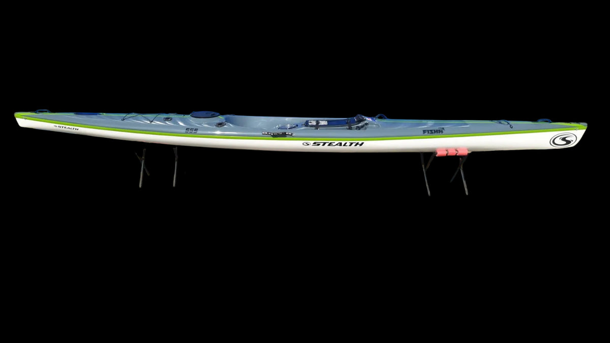 Fisha 555 dark grey deck, white hull, green stripes – side view, factory photo